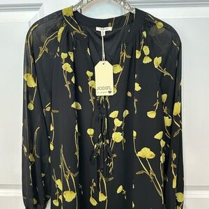 JODIFL Black Sheer Blouse with Yellow Floral Print